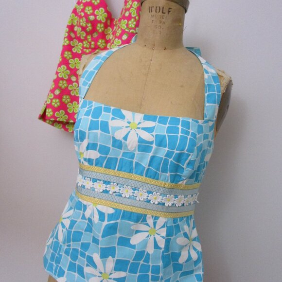 Halter Tops Dune Buggy Ladybug Print Daisy Bright Pink Lime B - Picture 3 of 8